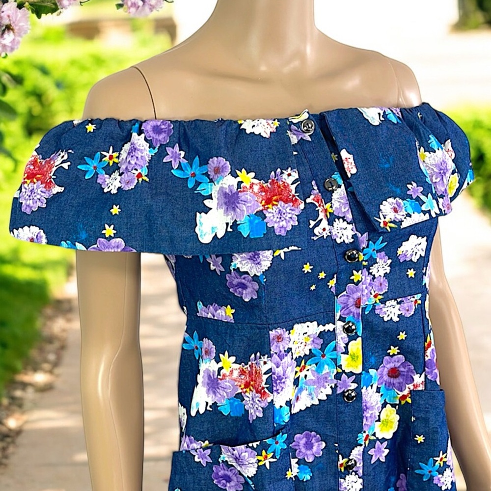 NEW Diva USA Floral Chambray Blue Flutter Sleeve Dress - Picture 2 of 16